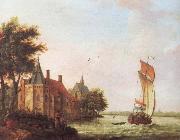 Francis Swaine, A wooded river landscape in Hoolland with a Dutch hooder under sail in a brisk wind